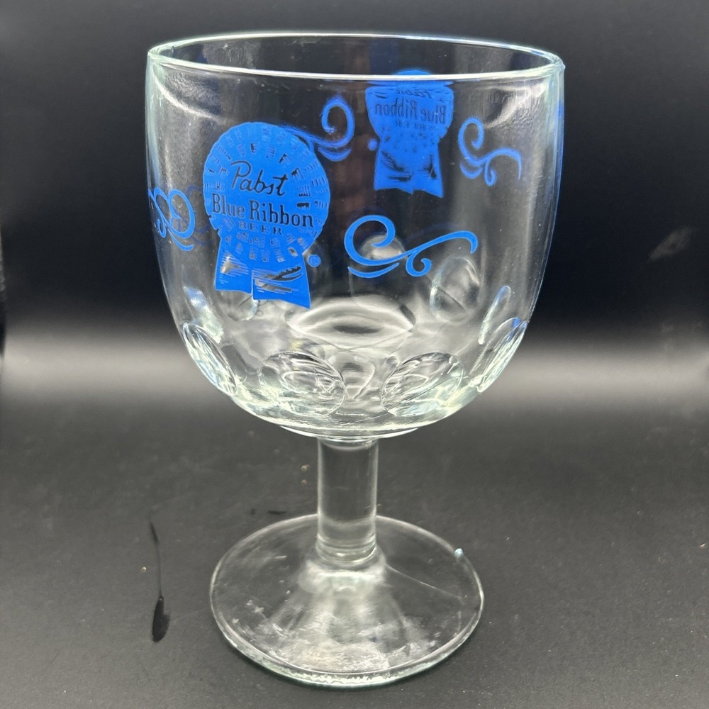 VINTAGE PABST BLUE RIBBON BEER ADVERTISING GLASS THUMBPRINT SCHOONER GOBLET